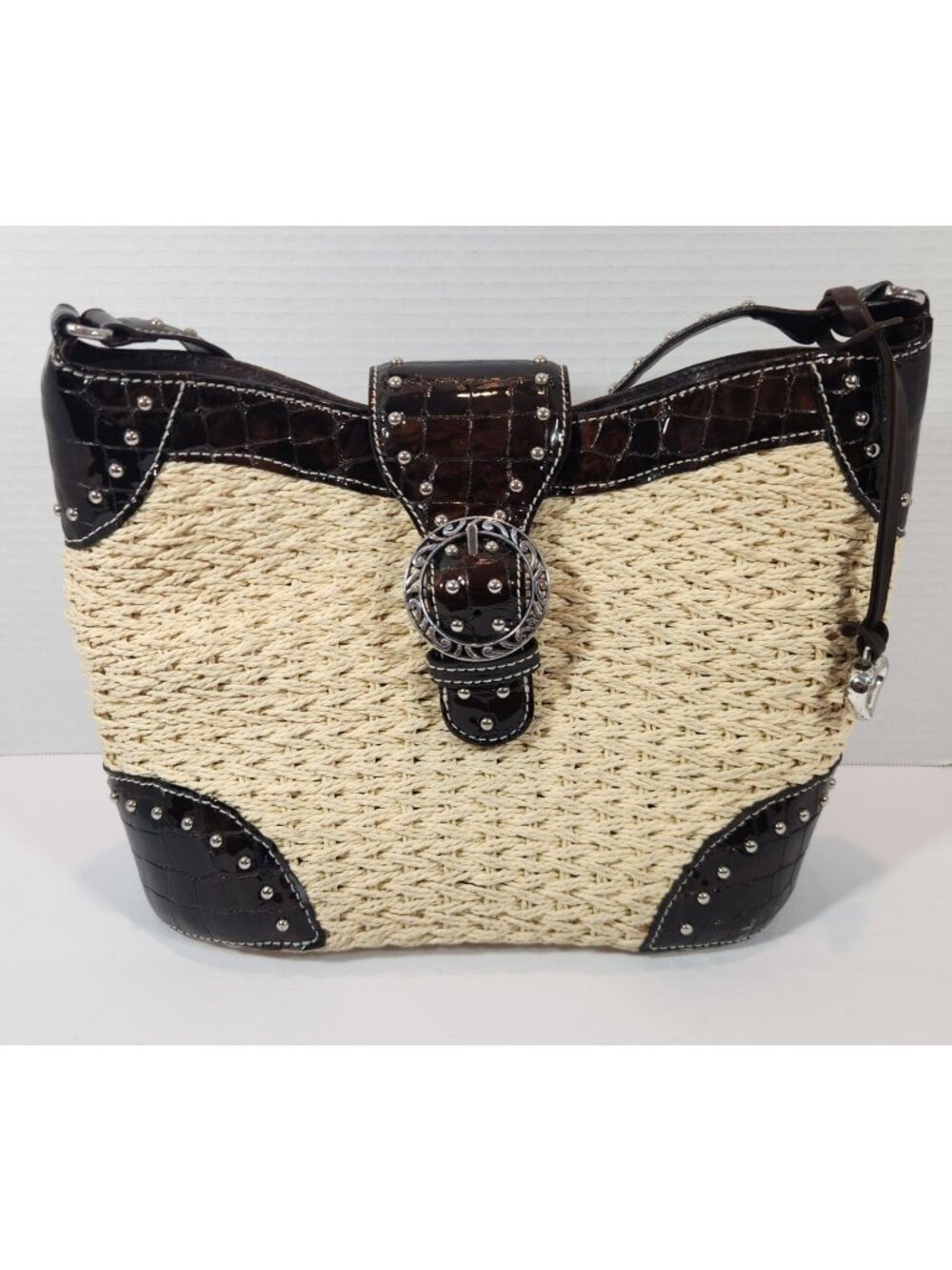 Brighton Woven Tan Straw Studded Brown Leather Handbag Purse Bag DEFECT STRAP